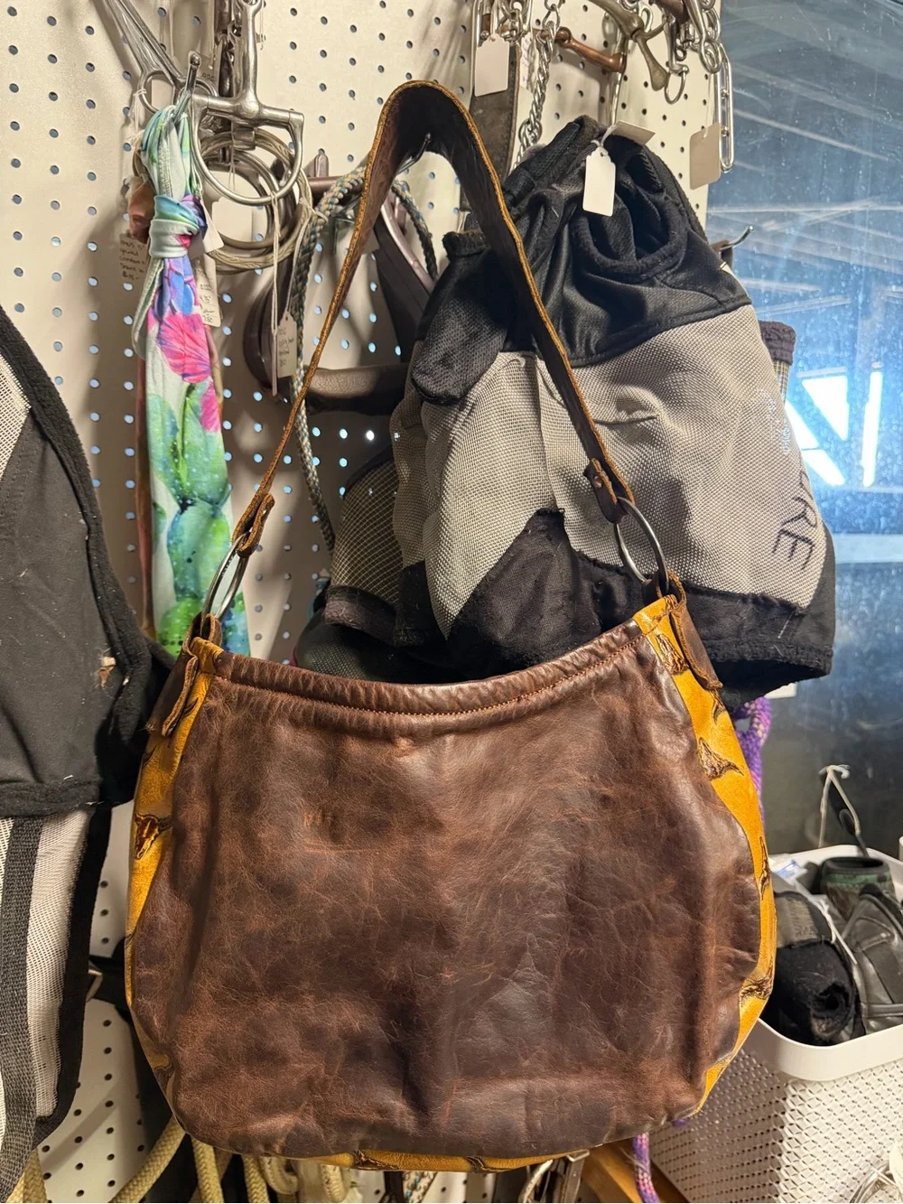 Western Hair On Hide Shoulder Bag with Bull Skull Accent - Tan/Brown